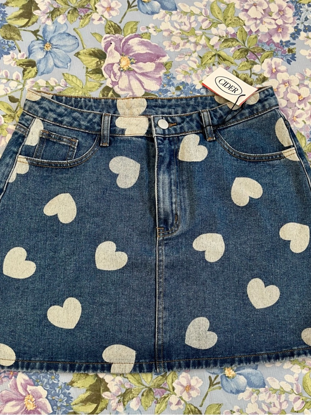 Cider Denim Mini Skirt with White Heart Motif